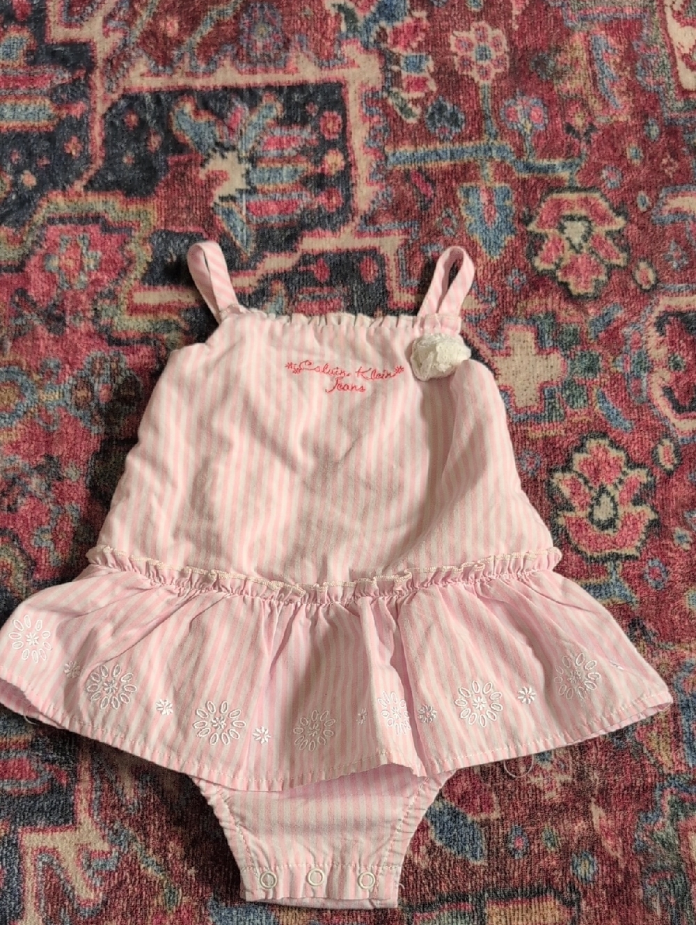 Calvin Klein jeans Pink Striped Infant Dress-Style Bodysuit with Floral Trim